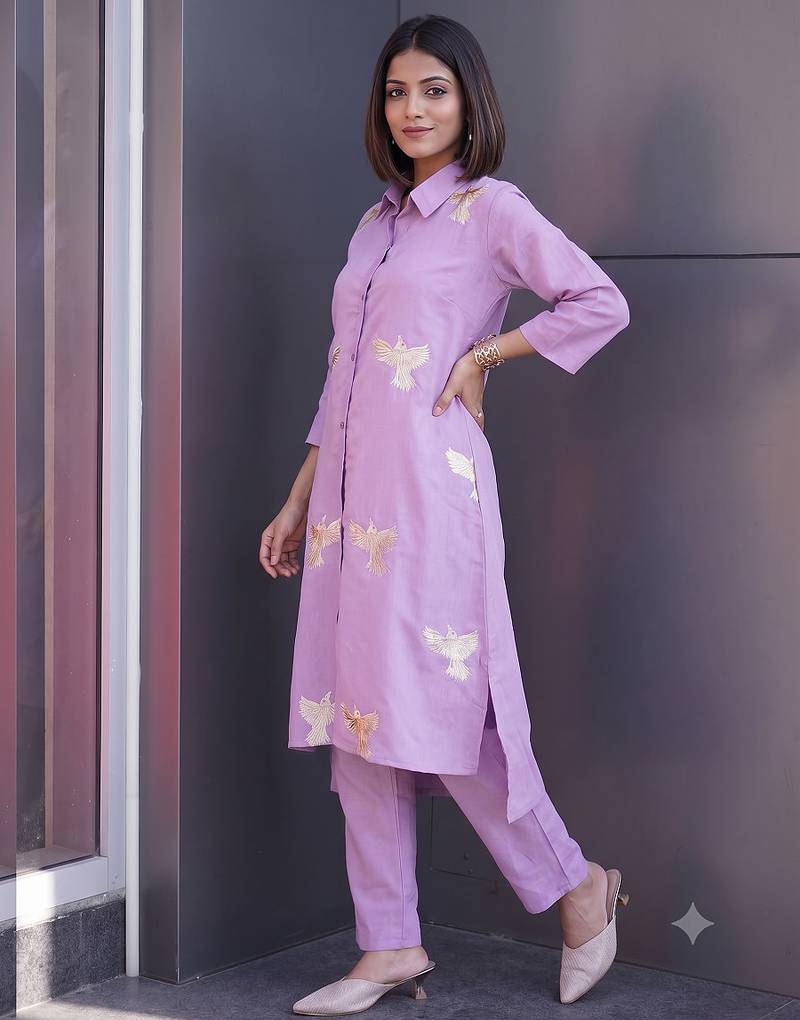 Modern lavender collared kurti set with gold bird embroidery
