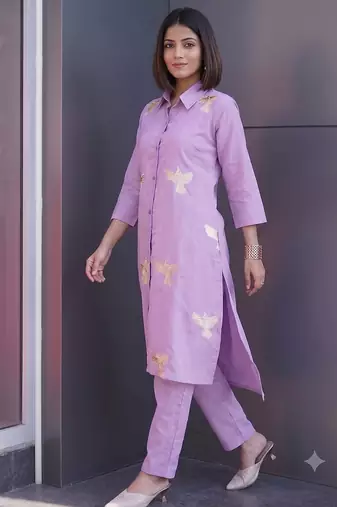 Modern lavender collared kurti set with gold bird embroidery