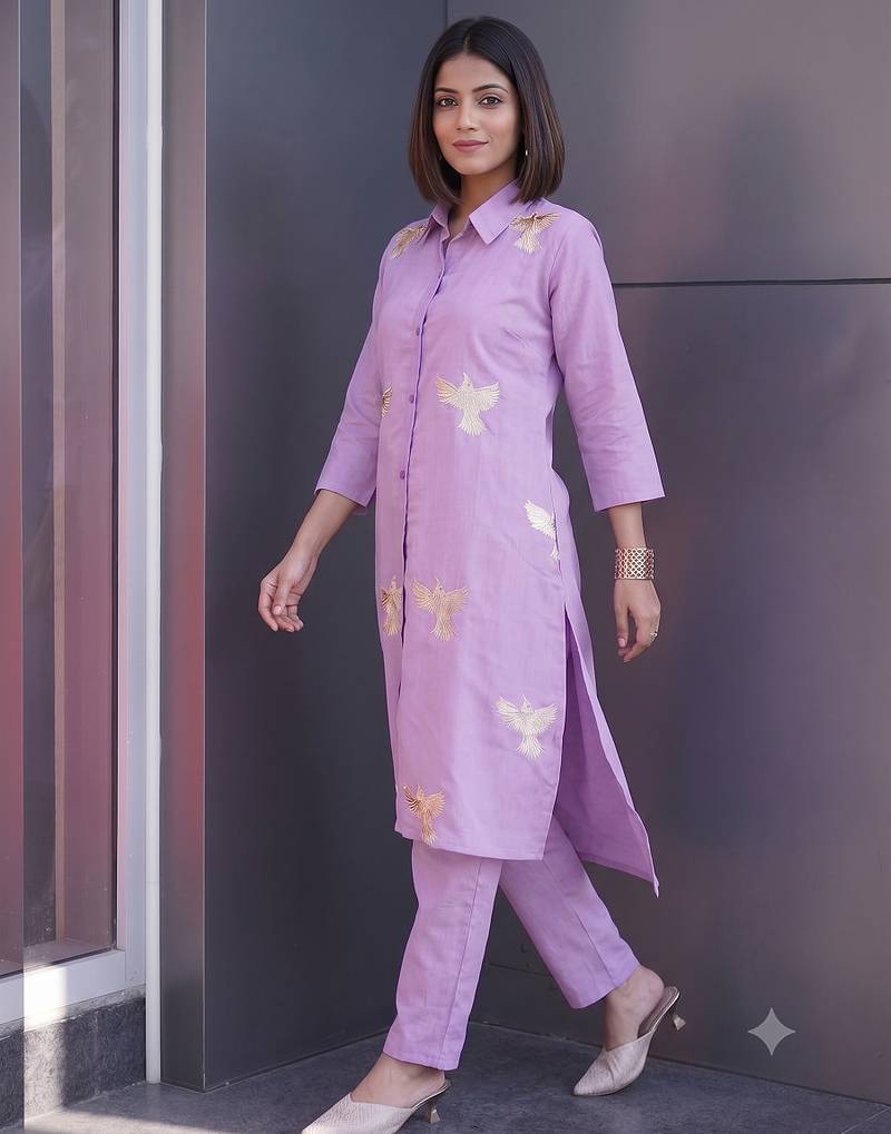Modern lavender collared kurti set with gold bird embroidery