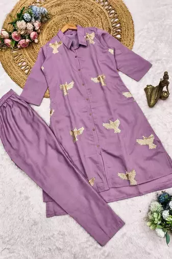 Modern lavender collared kurti set with gold bird embroidery