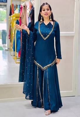 Teal blue silk blend  kurti set with palazzo & dupatta 3