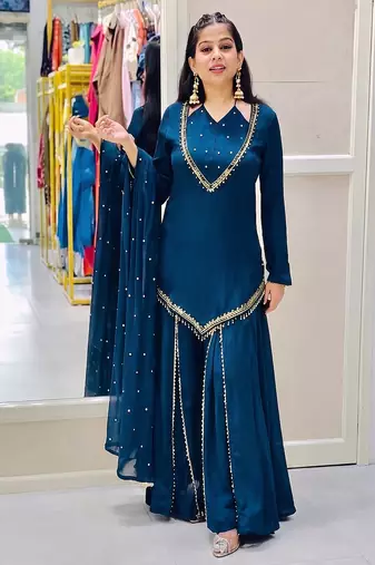 teal blue silk blend  kurti set with palazzo & dupatta
