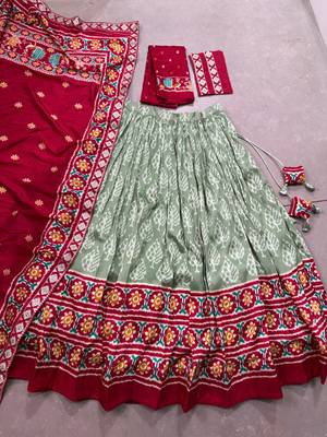 green tussar  silk chaniya choli with ikkat print work 6