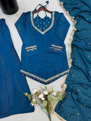 Teal blue silk blend  kurti set with palazzo & dupatta 4