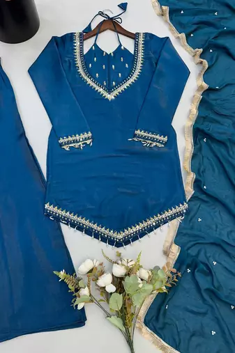 teal blue silk blend  kurti set with palazzo & dupatta