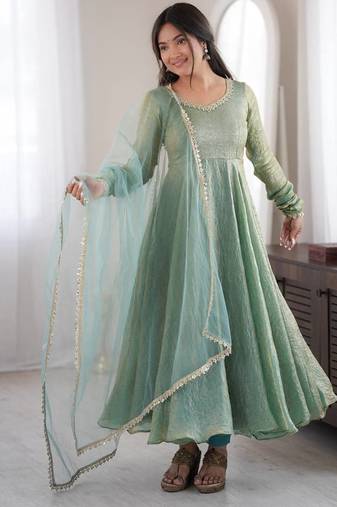 Designer teal blue metallic anarkali suit set with dupatta & pants