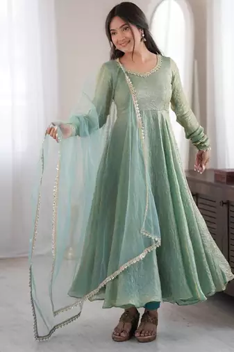 designer teal blue metallic anarkali suit set with dupatta & pants
