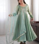 Designer teal blue metallic anarkali suit set with dupatta & pants