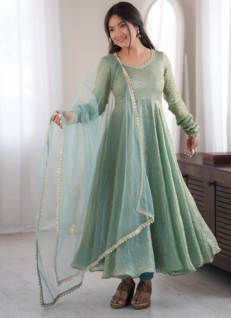 Designer teal blue metallic anarkali suit set with dupatta & pants