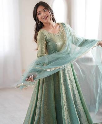 Designer teal blue metallic anarkali suit set with dupatta & pants 2