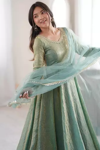 designer teal blue metallic anarkali suit set with dupatta & pants