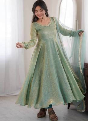 Designer teal blue metallic anarkali suit set with dupatta & pants 3