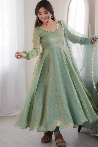 designer teal blue metallic anarkali suit set with dupatta & pants