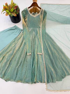 Designer teal blue metallic anarkali suit set with dupatta & pants 4