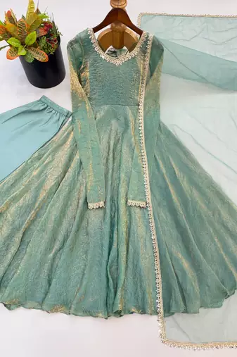 designer teal blue metallic anarkali suit set with dupatta & pants