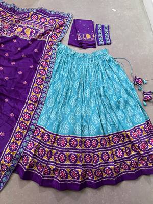 sky blue silk chaniya choli with ikkat print work 6