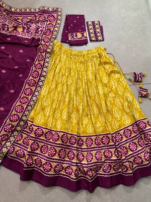 mustard tussar  silk chaniya choli with ikkat print 6