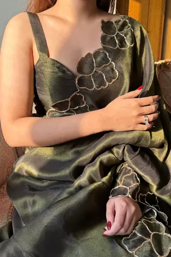 Mehndi Green Codding Work chiffon saree