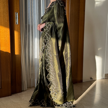 Mehndi Green Codding Work chiffon saree 4