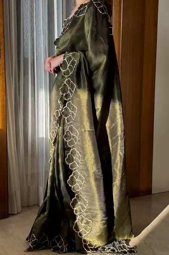Mehndi Green Codding Work chiffon saree