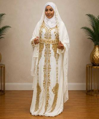 White Gold Embroidered Moroccan Kaftan Dress with Hijab 1