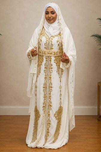 White Gold Embroidered Moroccan Kaftan Dress with Hijab