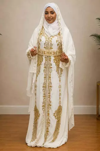 White Gold Embroidered Moroccan Kaftan Dress with Hijab