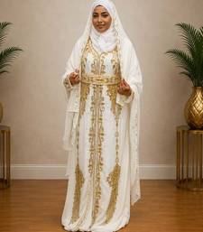 White Gold Embroidered Moroccan Kaftan Dress with Hijab