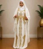 White Gold Embroidered Moroccan Kaftan Dress with Hijab