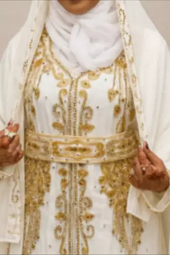 White Gold Embroidered Moroccan Kaftan Dress with Hijab