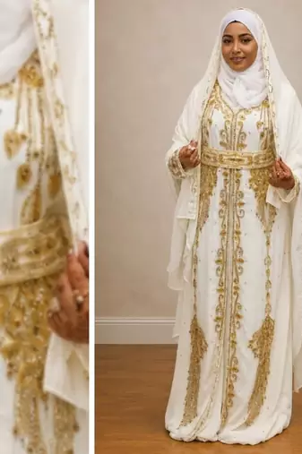 White Gold Embroidered Moroccan Kaftan Dress with Hijab