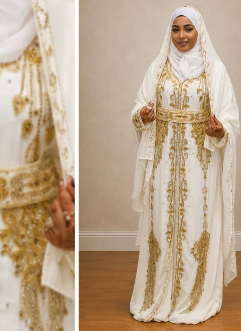 White Gold Embroidered Moroccan Kaftan Dress with Hijab