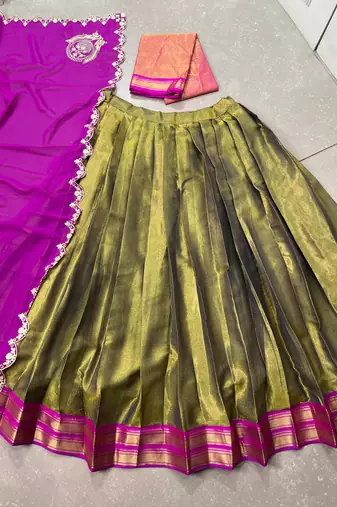 Olive georgette zari weaving lehenga choli with dupatta
