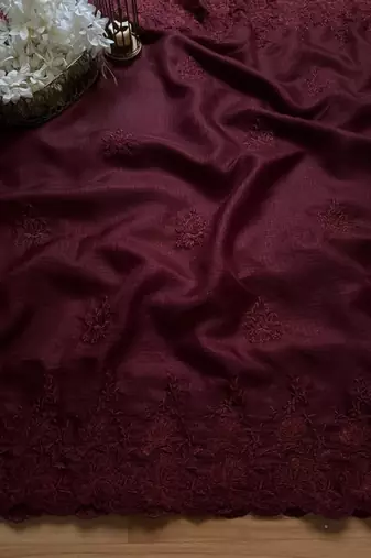 Maroon Color thared Embroidery  Work Silk Blend Saree