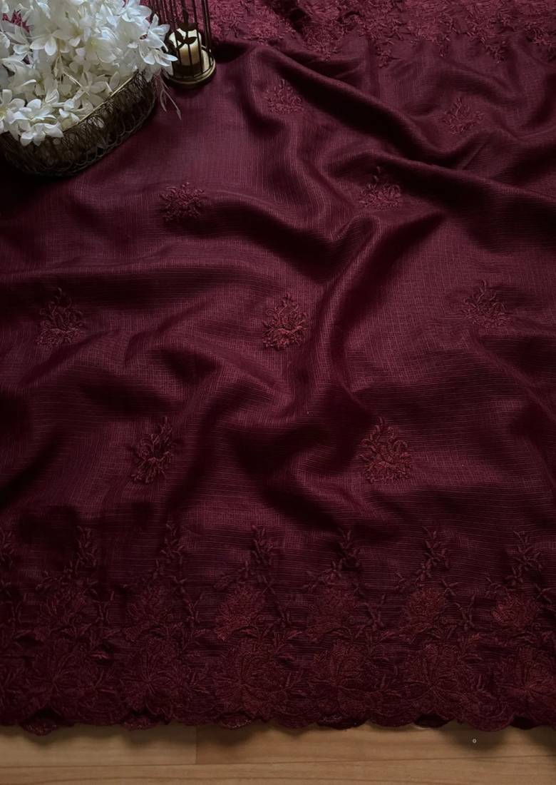 Maroon Color thared Embroidery  Work Silk Blend Saree