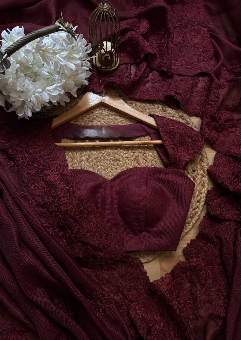 Maroon Color thared Embroidery  Work Silk Blend Saree