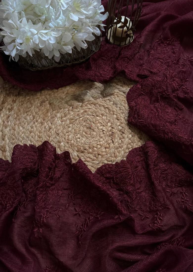 Maroon Color thared Embroidery  Work Silk Blend Saree