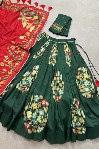 Green silk blend Printed Chaniya Choli