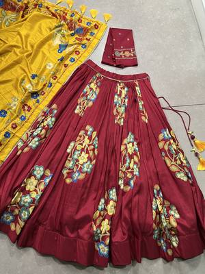 maroon tussar  silk chaniya choli with printed work 6