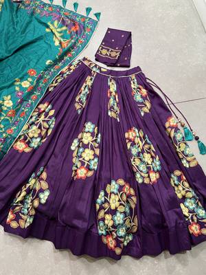 purple tussar  silk chaniya choli with printed foil work 5