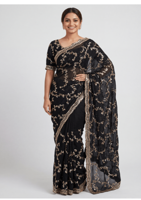 Black Color beads work chiffon saree  1