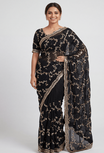 Black beads work chiffon saree 