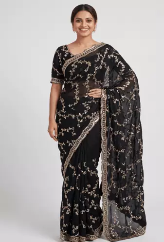 Black Color beads work chiffon saree 