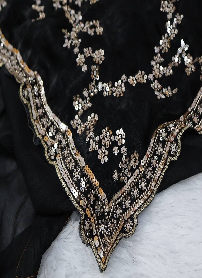 Black Color beads work chiffon saree 