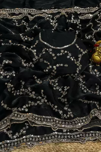 Black Color beads work chiffon saree 