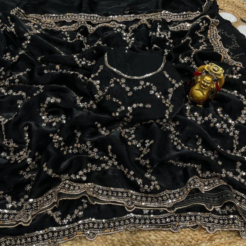 Black Color beads work chiffon saree 
