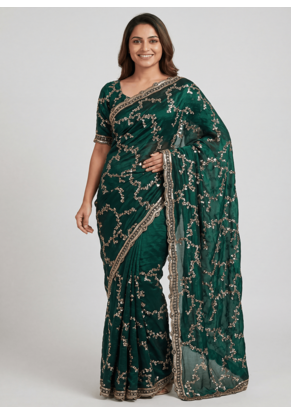 Green Color beads work chiffon saree  1