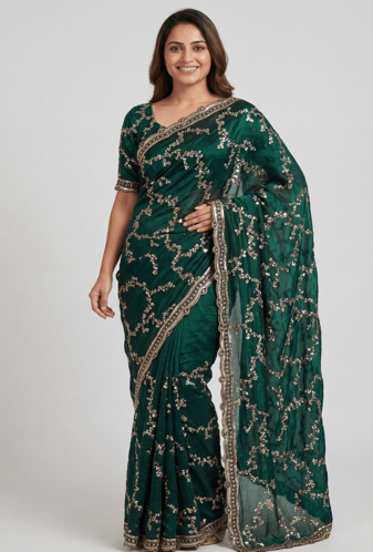 Green Color beads work chiffon saree 
