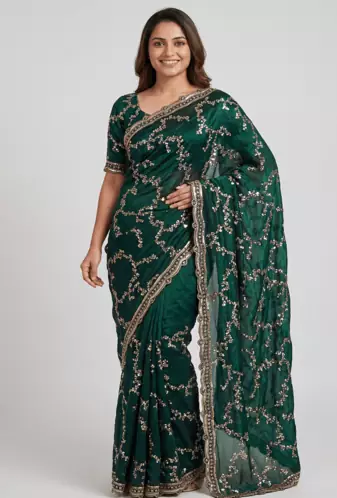Green Color beads work chiffon saree 