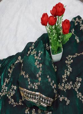 Green Color beads work chiffon saree  2